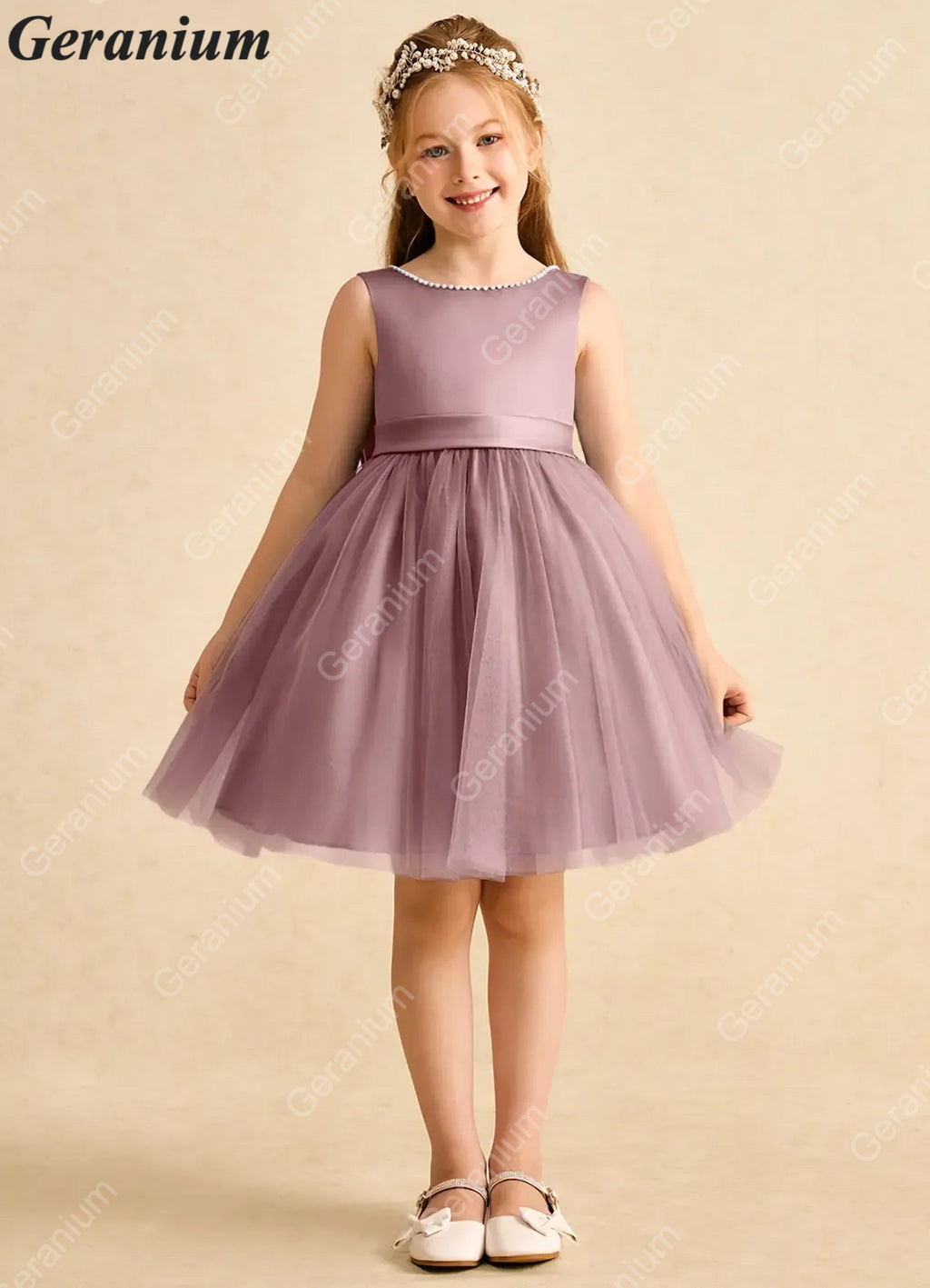 Geranium Dusty Rose Flower Girl Dress Tulle Bow Back Kids Party Dress Wedding Birthday Dress for Girls KD-10