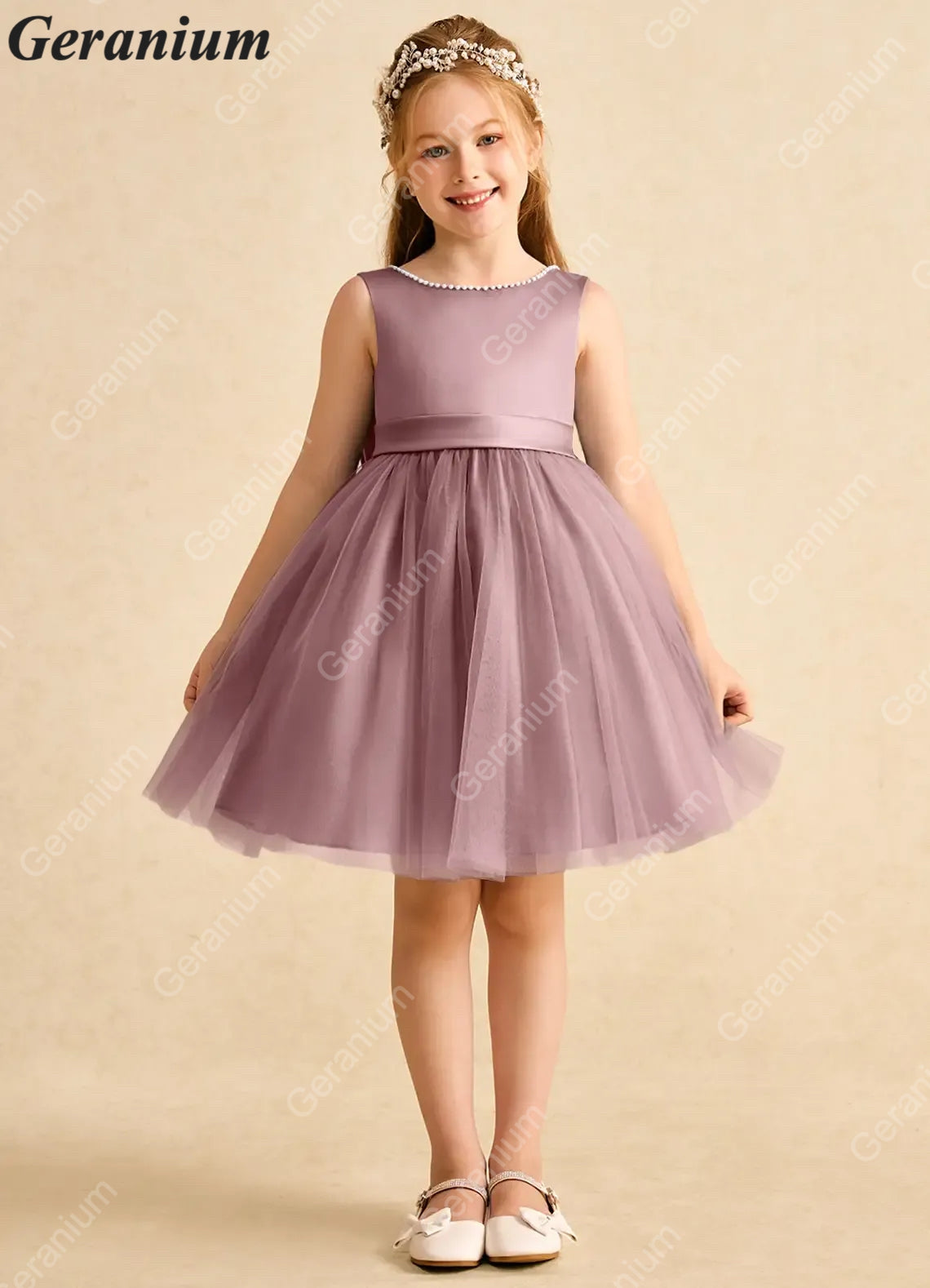 Geranium Dusty Rose Flower Girl Dress Tulle Bow Back Kids Party Dress Wedding Birthday Dress for Girls KD-10