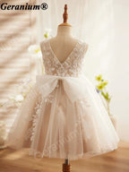Geranium Elegant Champagne Floral Embroidery Flower Girl Dress with Oversized Back Bow KD-25