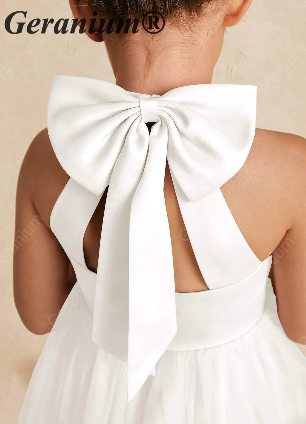 Geranium Elegant Halter Neck Satin Flower Girl Dress with Statement Back Bow & Tiered Tulle Skirt KD-193