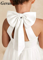 Geranium Elegant Halter Neck Satin Flower Girl Dress with Statement Back Bow & Tiered Tulle Skirt KD-193