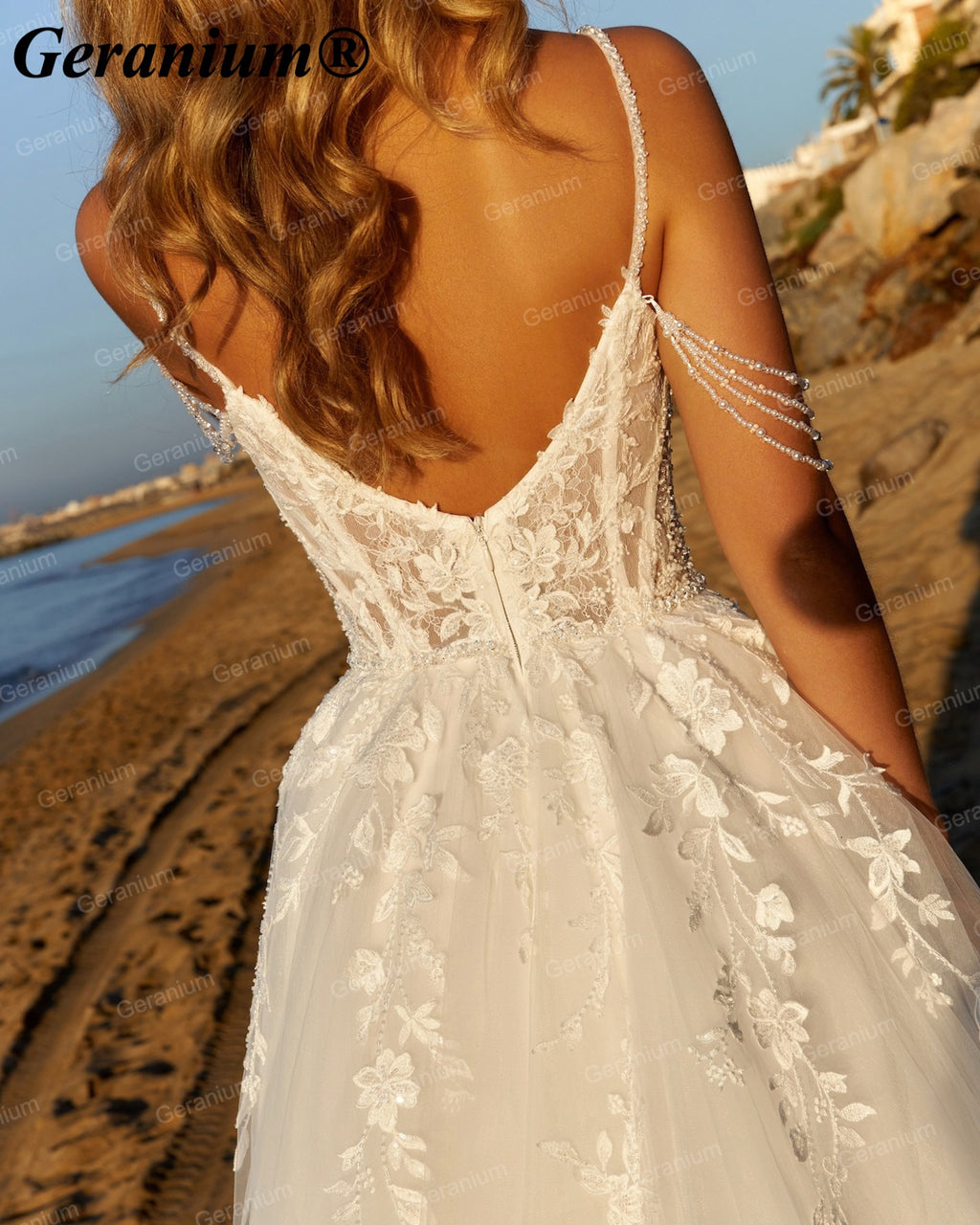 Geranium Plunging V-Neck Lace A-Line Wedding Dress with Pearl Straps – GER114