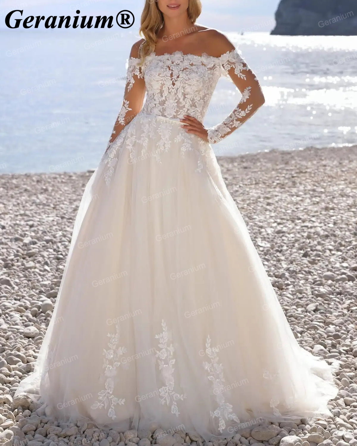 Geranium Off-Shoulder Long Sleeve Lace A-Line Wedding Dress – GER65
