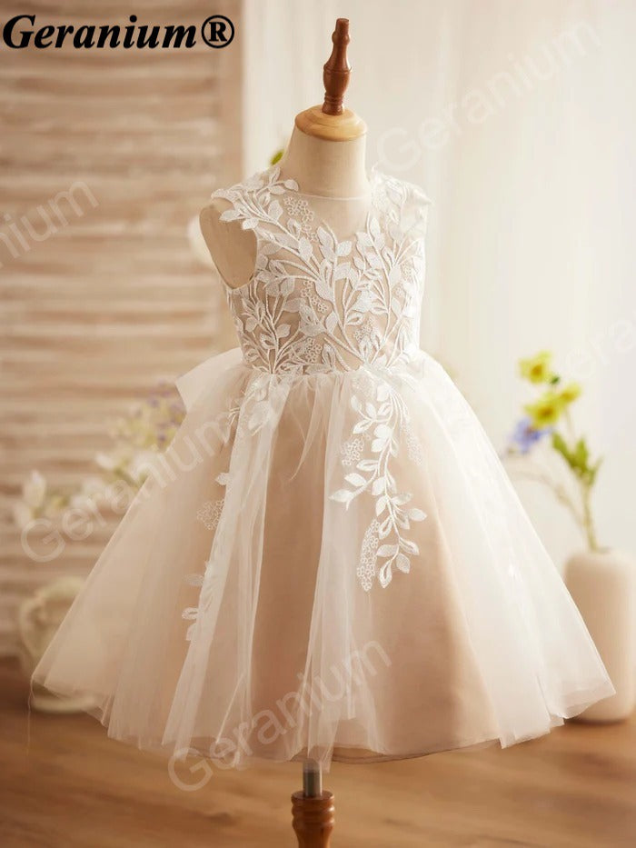 Geranium Elegant Champagne Floral Embroidery Flower Girl Dress with Oversized Back Bow KD-25