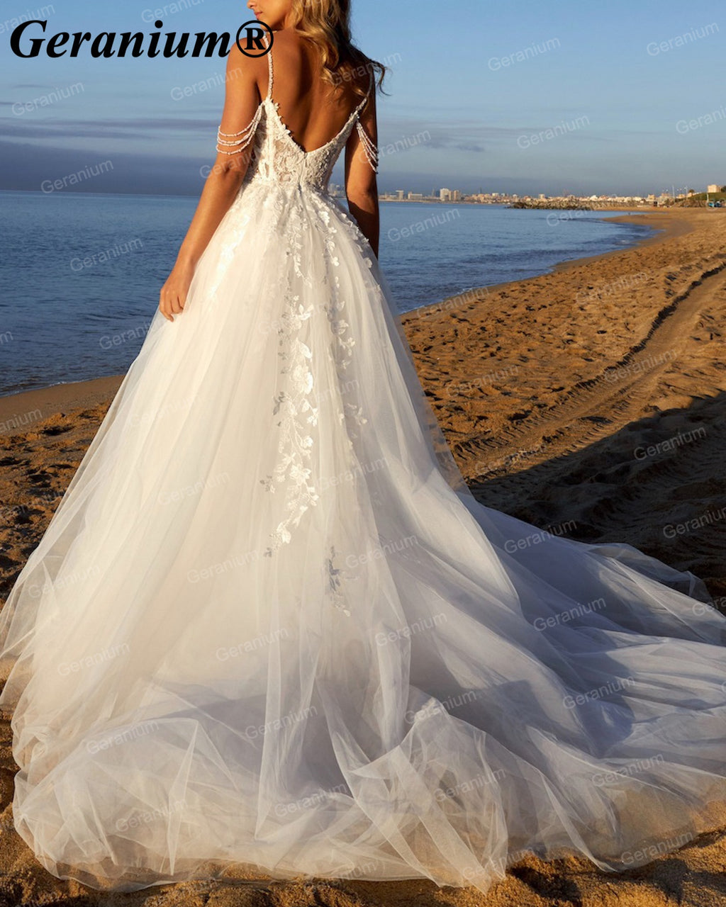 Geranium Plunging V-Neck Lace A-Line Wedding Dress with Pearl Straps – GER114