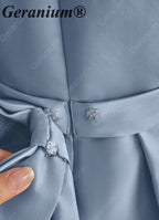 Geranium Elegant Dusty Blue Satin Flower Girl Dress - Puffy Short Sleeve Princess Gown with Back Bow KD-191