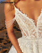 Geranium Plunging V-Neck Lace A-Line Wedding Dress with Pearl Straps – GER114