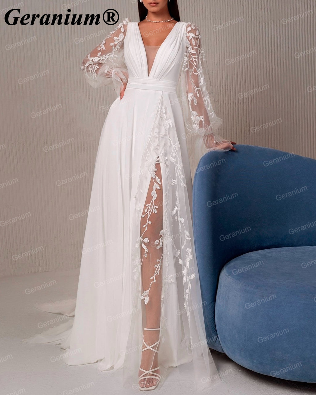 Geranium Plunging V-Neck Chiffon A-Line Wedding Dress with Lace Bishop Sleeves – GER115