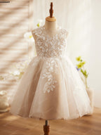 Geranium Elegant Champagne Floral Embroidery Flower Girl Dress with Oversized Back Bow KD-25