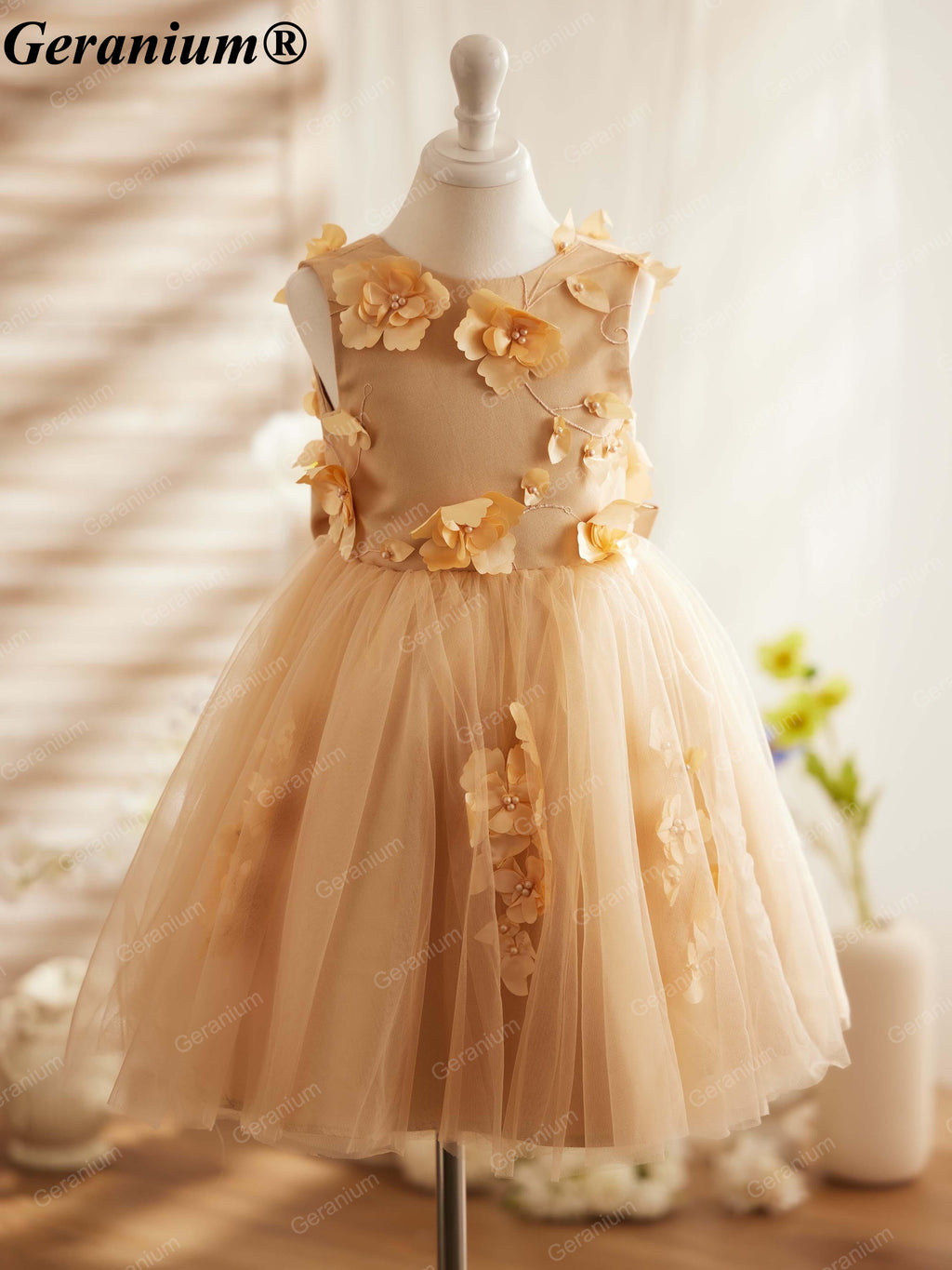 Geranium Toddler Girl Champagne Gold 3D Floral Tulle Dress - Elegant Flower Girl Wedding Party Gown with Back Bow KD-27