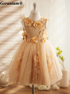 Geranium Toddler Girl Champagne Gold 3D Floral Tulle Dress - Elegant Flower Girl Wedding Party Gown with Back Bow KD-27