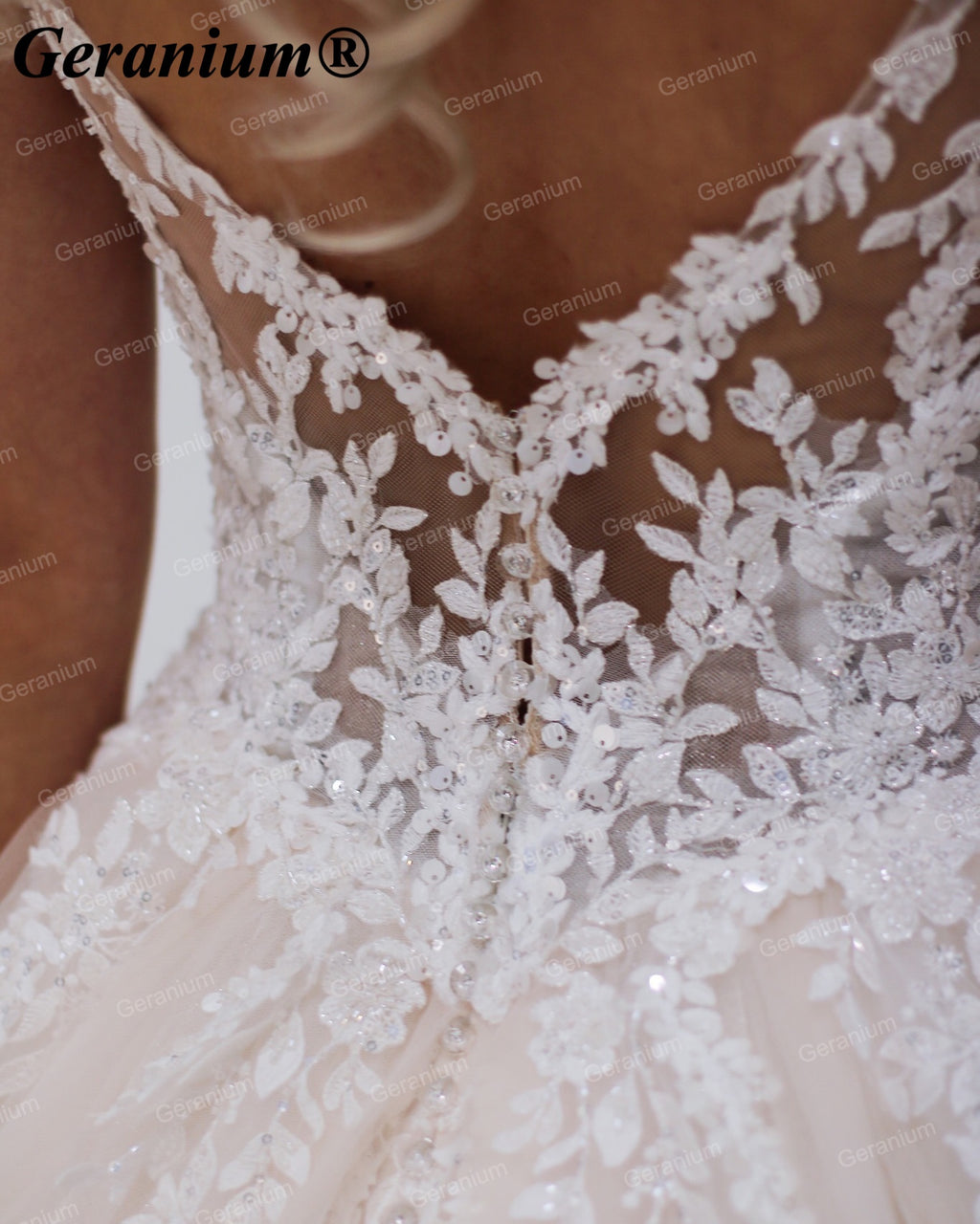 Geranium Plunging V-Neck Lace Ball Gown Wedding Dress – GER18