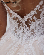 Geranium Plunging V-Neck Lace Ball Gown Wedding Dress – GER18