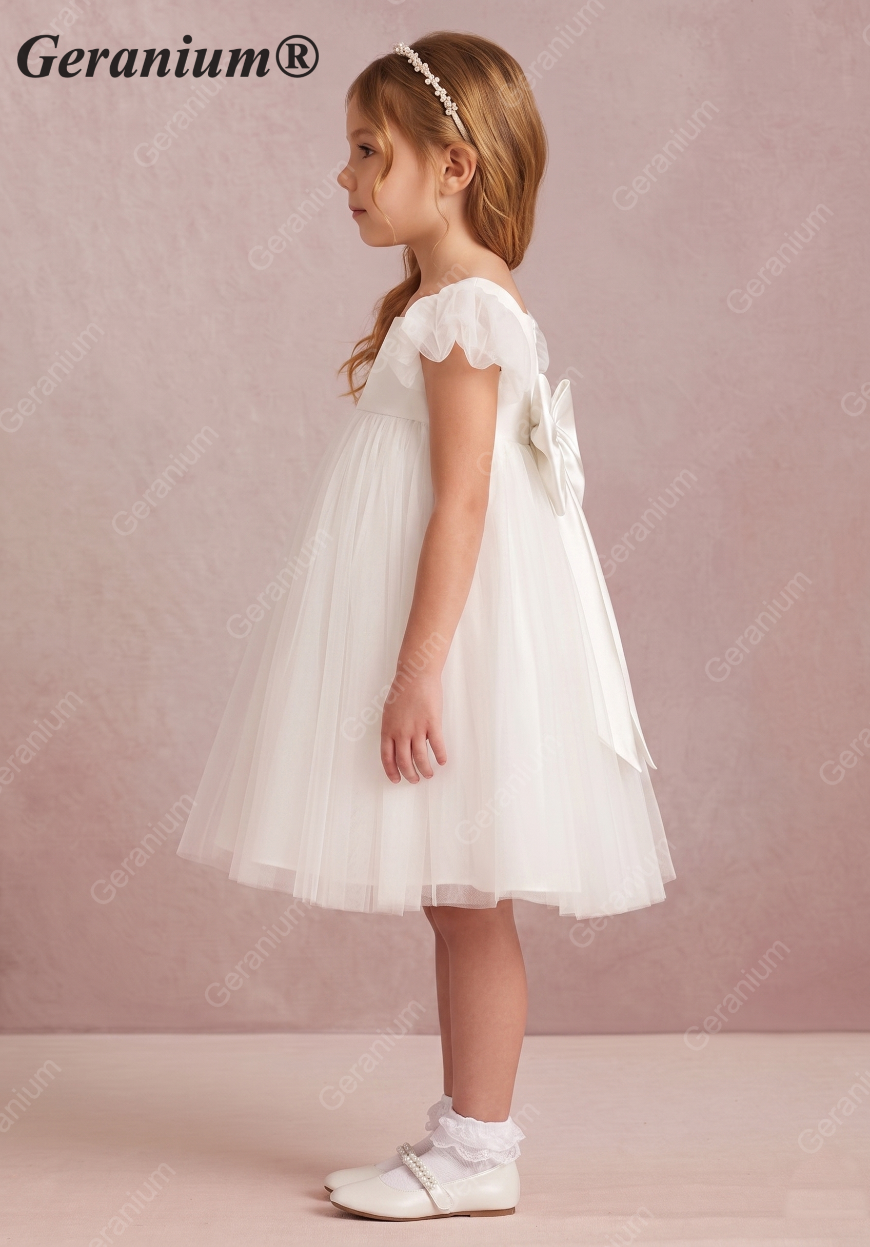Geranium Girl's Tulle Princess Dress with Back Bow - Flutter Sleeve Flower Girl Gown for Weddings and Parties KD-242