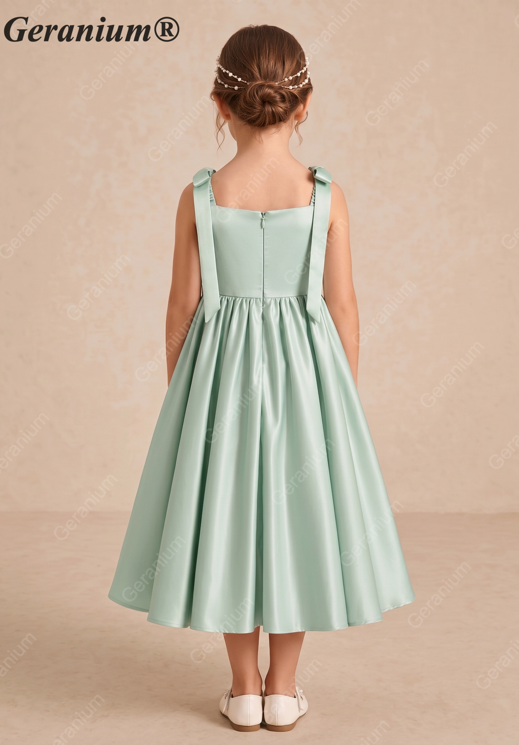 Gearanium Girls Sage Green Satin Flower Girl Dress - Tie-Shoulder A-Line Party Gown KD-288
