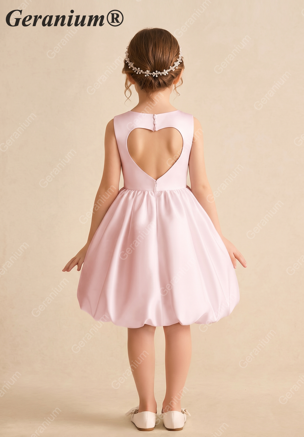 Geranium Girl's Pink Satin Flower Girl Dress - Sweet Heart Cut-Out Back Bubble Hem Party Gown KD-226