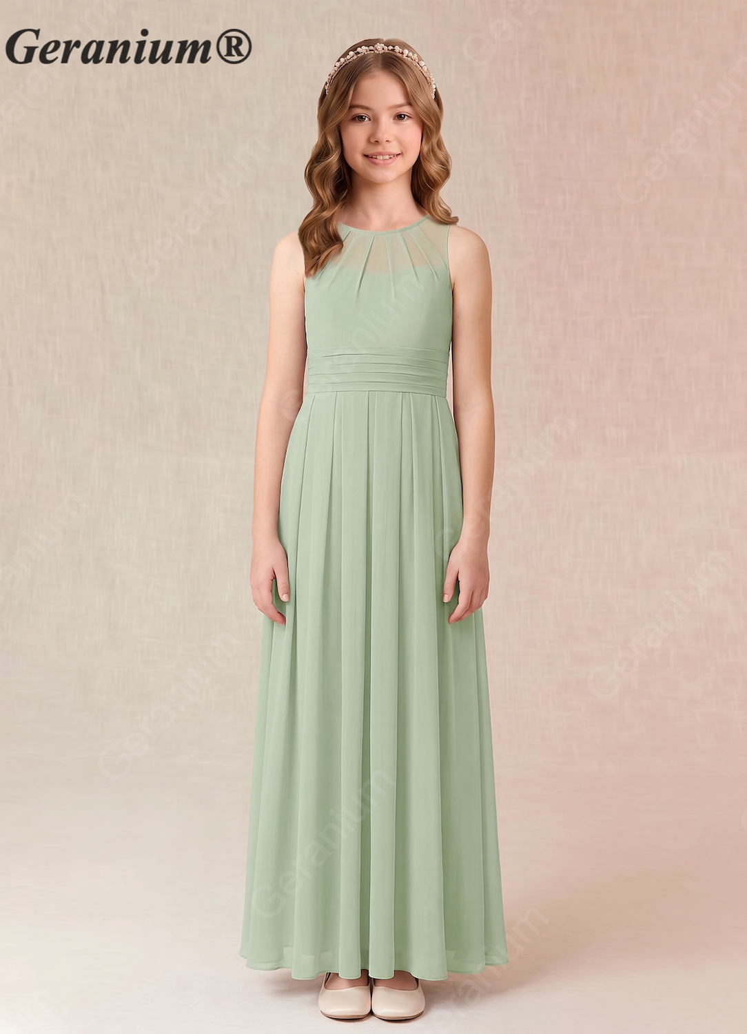 Geranium Sage Green Chiffon Junior Bridesmaid Dress – High Neck Pleated A-Line Floor Length Dress with Open Back KD-157 Main image