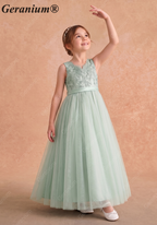 Geranium Elegant Sage Green Flower Girl Dress - Lace Applique V-Neck Tulle Ball Gown with Detachable Big Bow KD-221