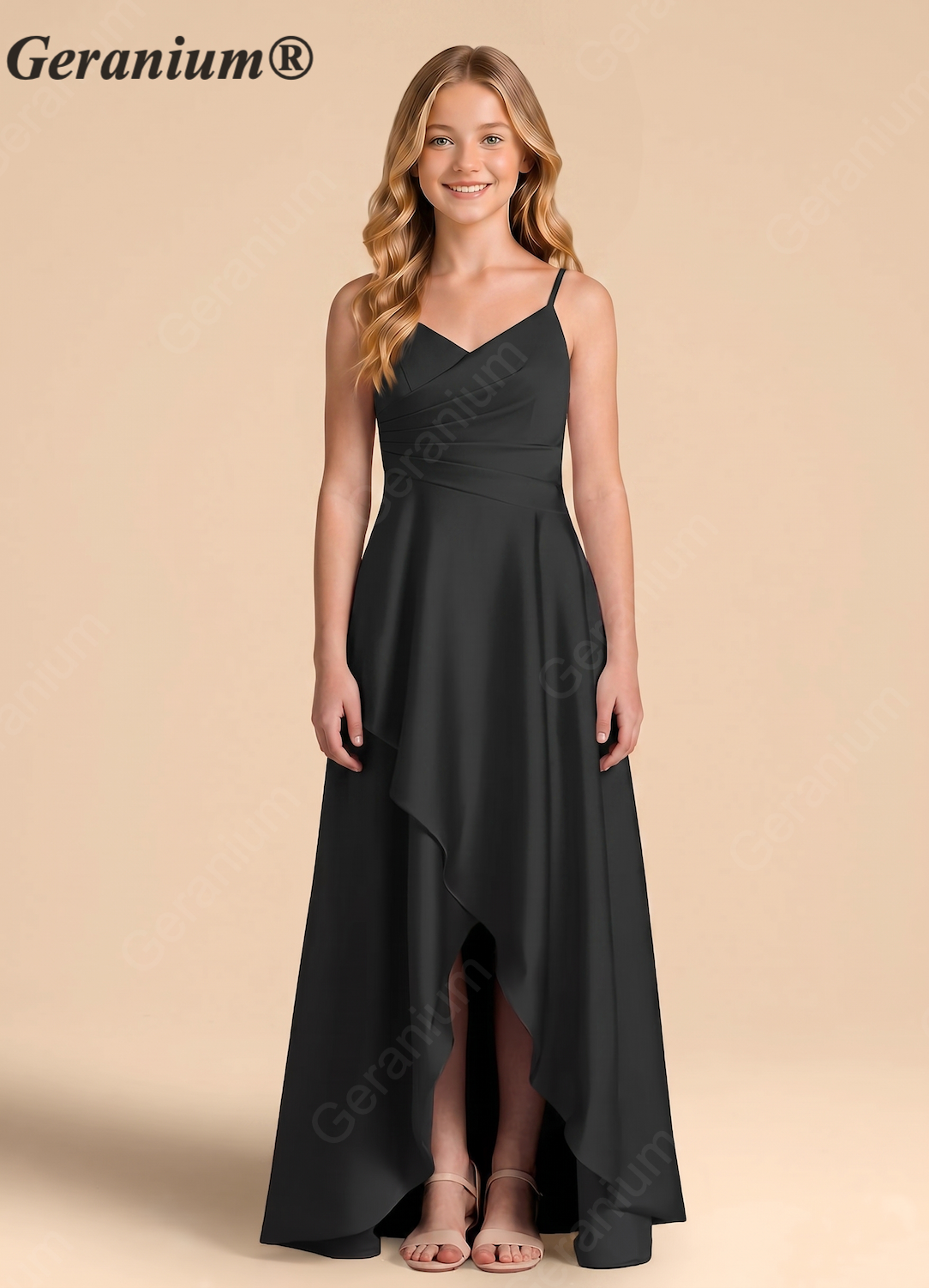 Geranium Elegant Black Spaghetti Strap High-Low Bridesmaid Dress with Draped Bodice KD-135