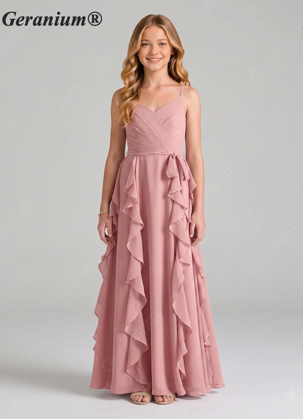 Geranium Sage Green Chiffon Junior Bridesmaid Dress with Ruffle Skirt – Spaghetti Strap V-Neck Teen Formal Dress KD-57