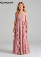 Geranium Sage Green Chiffon Junior Bridesmaid Dress with Ruffle Skirt – Spaghetti Strap V-Neck Teen Formal Dress KD-57