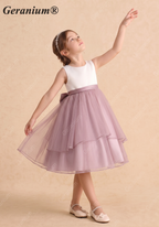 Geranium Elegant Two-Tone Flower Girl Dress: White Satin Sleeveless Bodice with Dusty Mauve Tiered Tulle Skirt & Detachable Oversized Bow KD-240