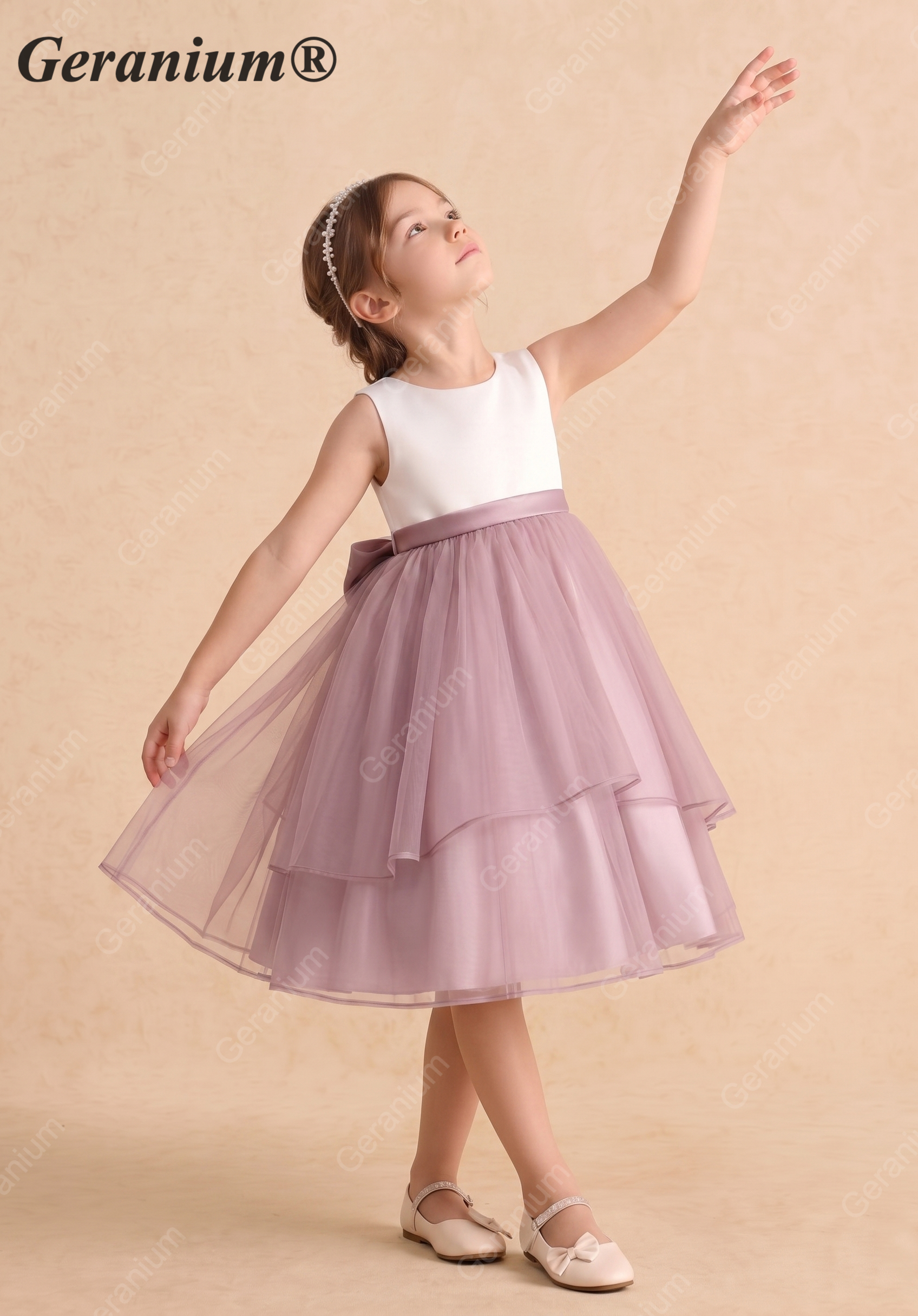 Geranium Elegant Two-Tone Flower Girl Dress: White Satin Sleeveless Bodice with Dusty Mauve Tiered Tulle Skirt & Detachable Oversized Bow KD-240