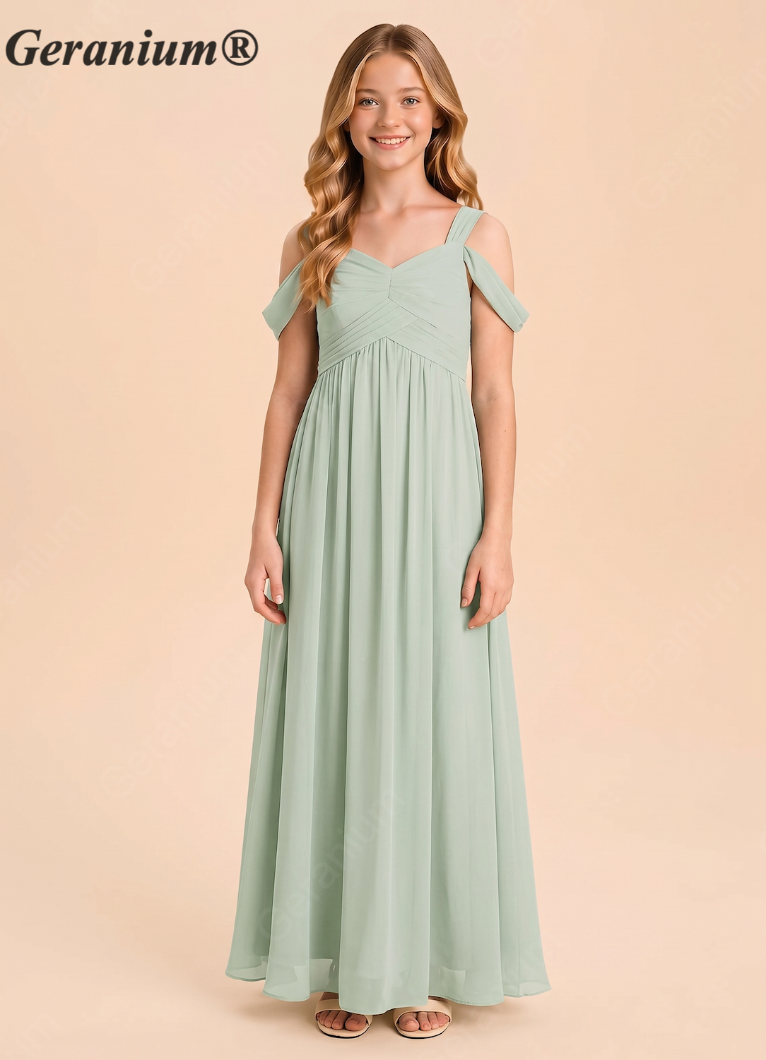 Geranium Sweetheart Cold Shoulder Ruched Sage Green Chiffon A-Line Junior Bridesmaid Dress for Teen Girls - Floor Length KD-141 Main image