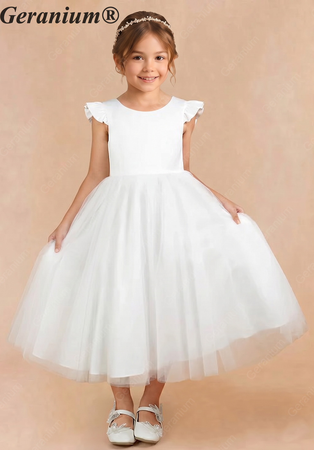 Geranium Elegant White Flower Girl Dress - Ruffle Cap Sleeve Tulle A-Line Party Gown with Optional Mauve Sash KD-272