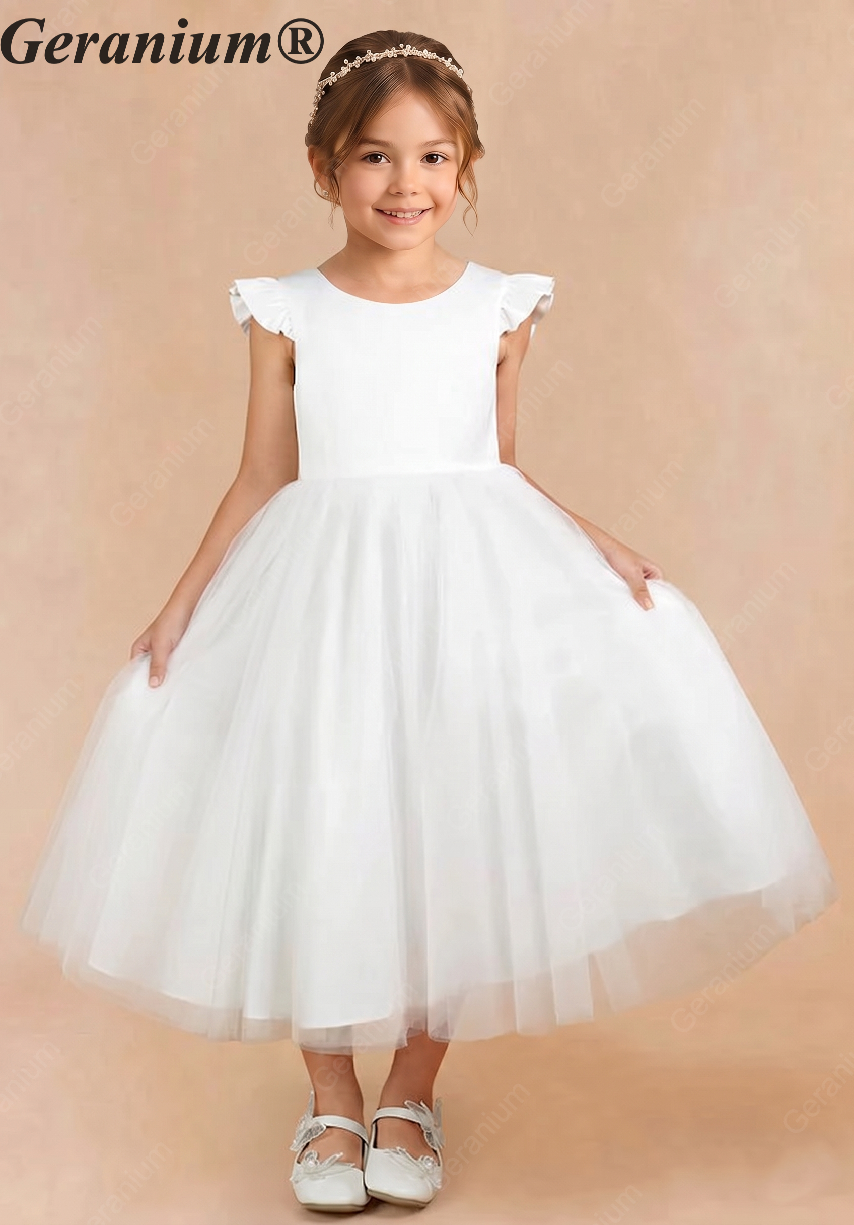 Geranium Elegant White Flower Girl Dress - Ruffle Cap Sleeve Tulle A-Line Party Gown with Optional Mauve Sash KD-272