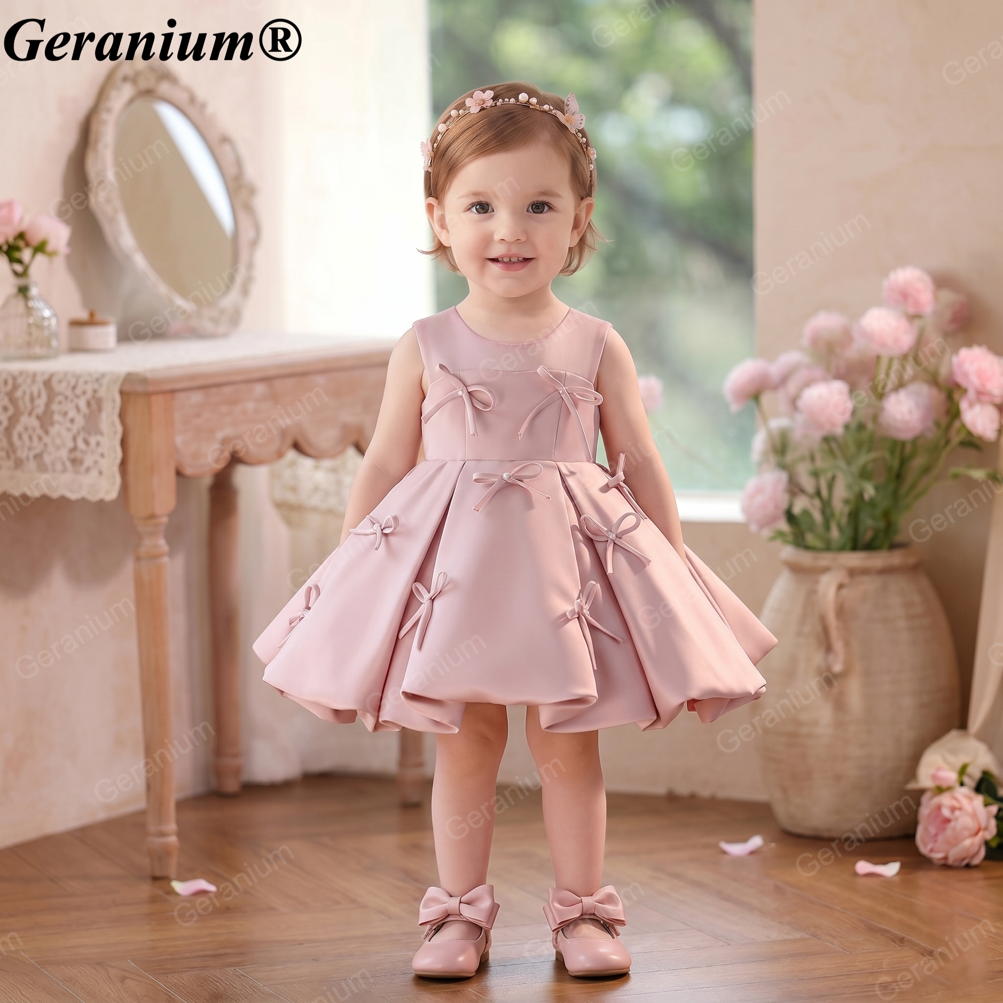 Geranium Elegant Dusty Pink Satin Bow Toddler Girl Princess Dress - Pleated Party Gown for Birthdays & Weddings KD-50 Secondary image