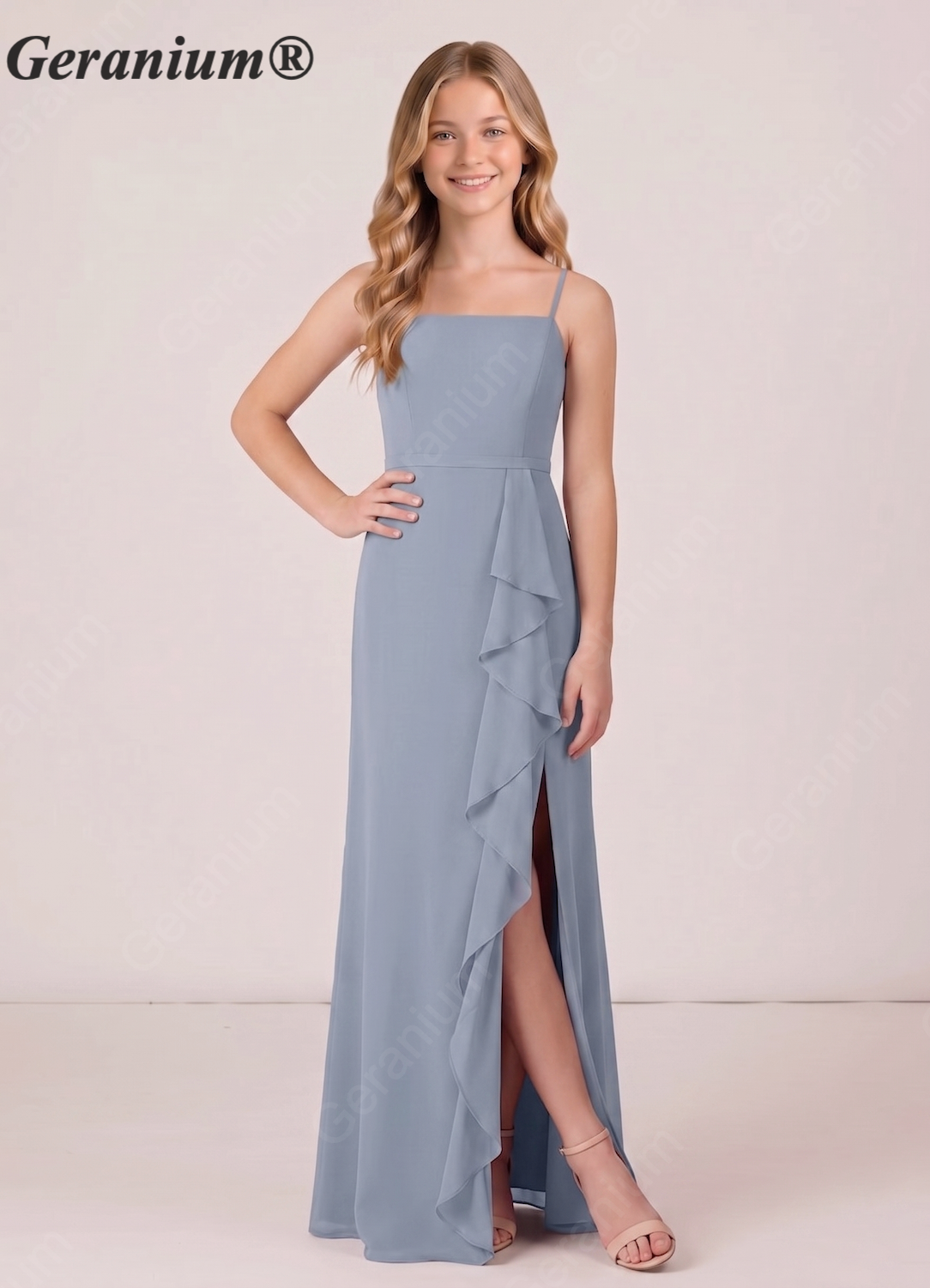 Geranium Dusty Blue Spaghetti Strap Satin Bridesmaid Dress with Ruffle Slit – Elegant A-Line Floor Length Gown KD-151 Secondary image
