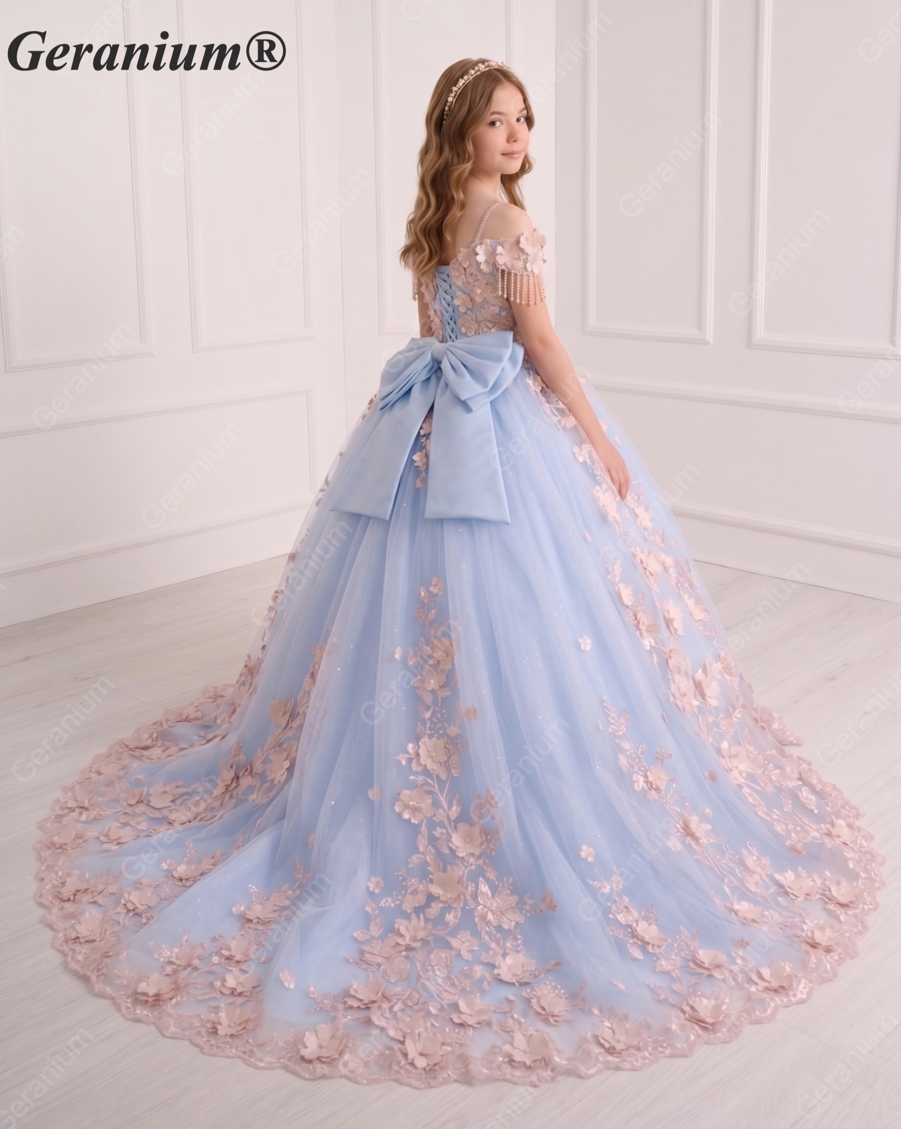 GeraniumGorgeous Light Blue Junior Ball Gown with Pink 3D Floral Applique & Oversized Bow | Off-Shoulder Tulle Dress KD-374