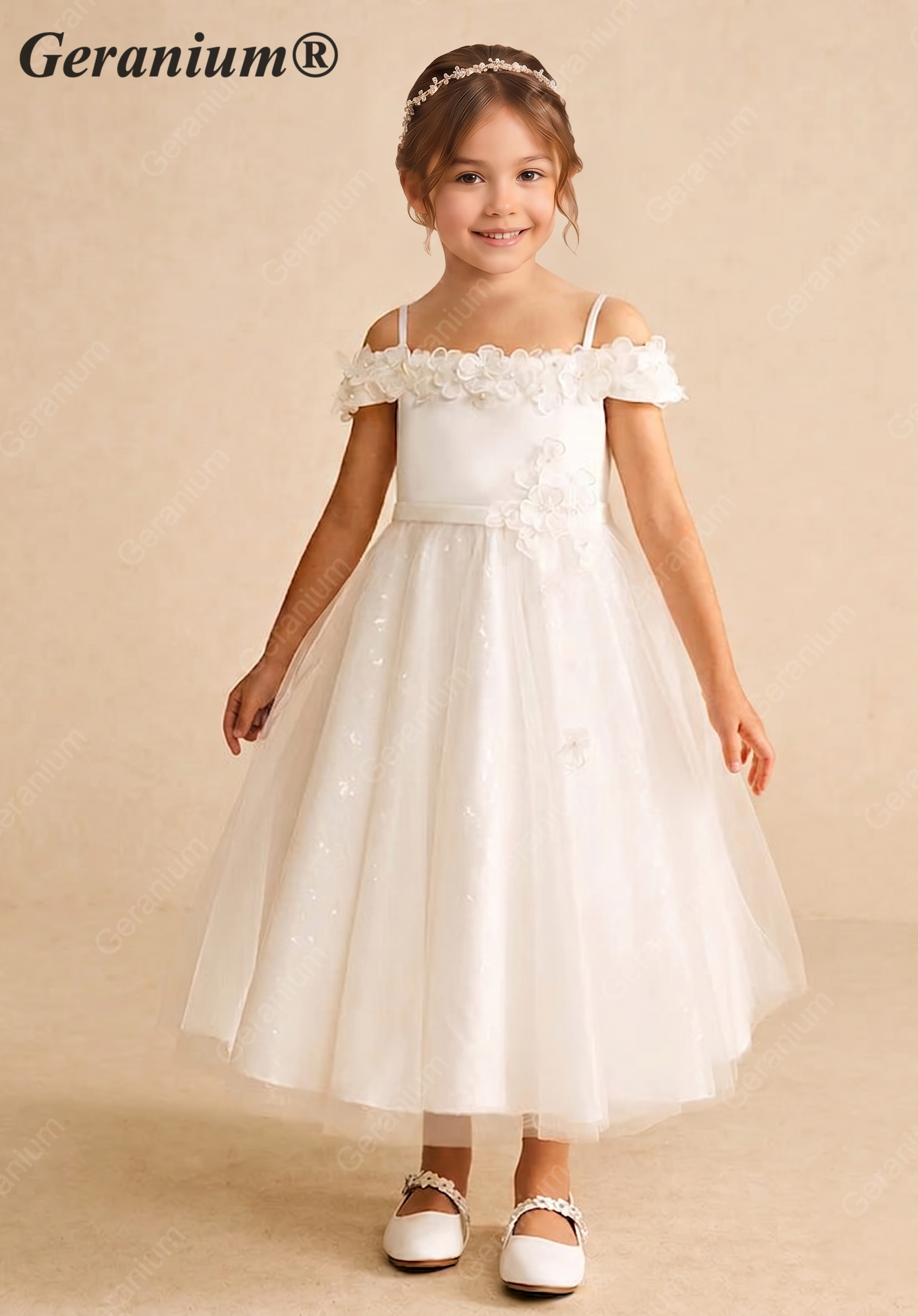 Geranium 2-in-1 Off-the-Shoulder Flower Girl Dress with 3D Floral Appliques & Tulle Skirt KD-233