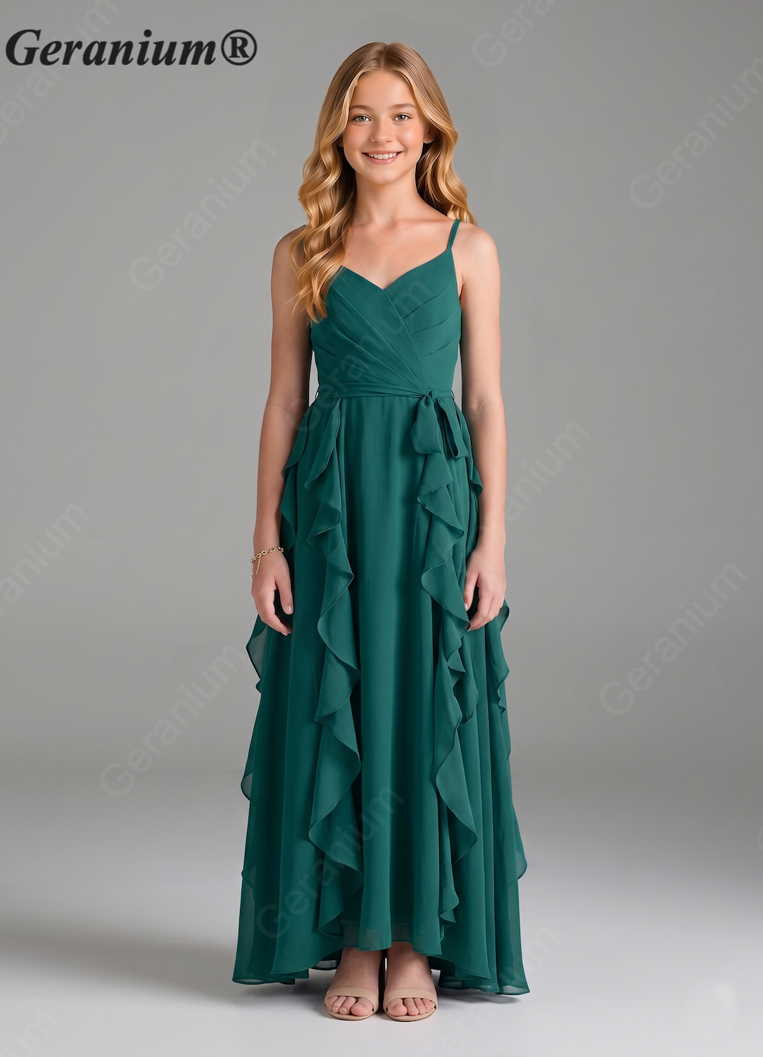 Geranium Sage Green Chiffon Junior Bridesmaid Dress with Ruffle Skirt – Spaghetti Strap V-Neck Teen Formal Dress KD-57