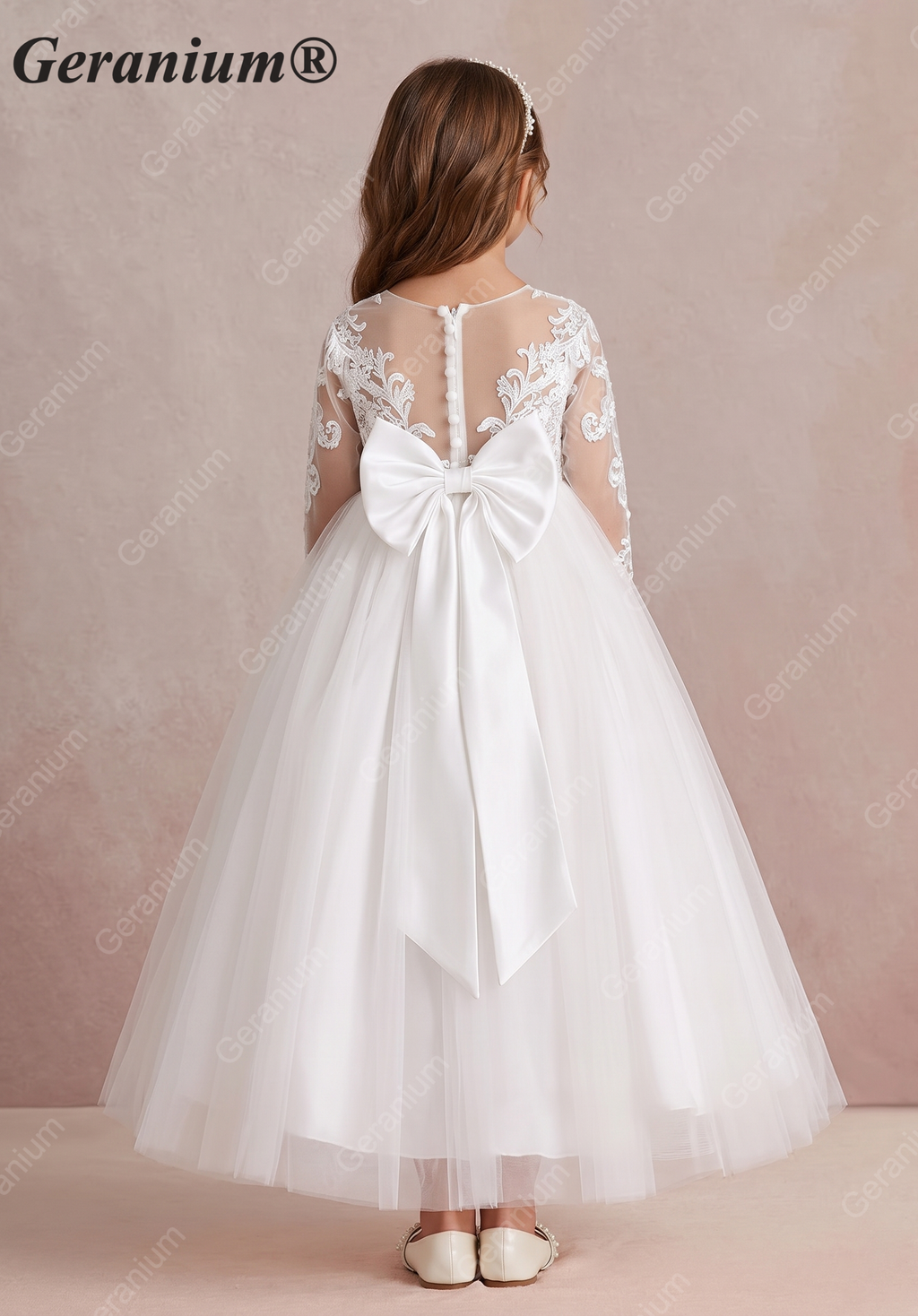 Geranium Elegant Lace Long Sleeve Flower Girl Dress with Oversized Back Bow & Tulle Train KD-208