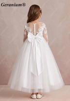 Geranium Elegant Lace Long Sleeve Flower Girl Dress with Oversized Back Bow & Tulle Train KD-208