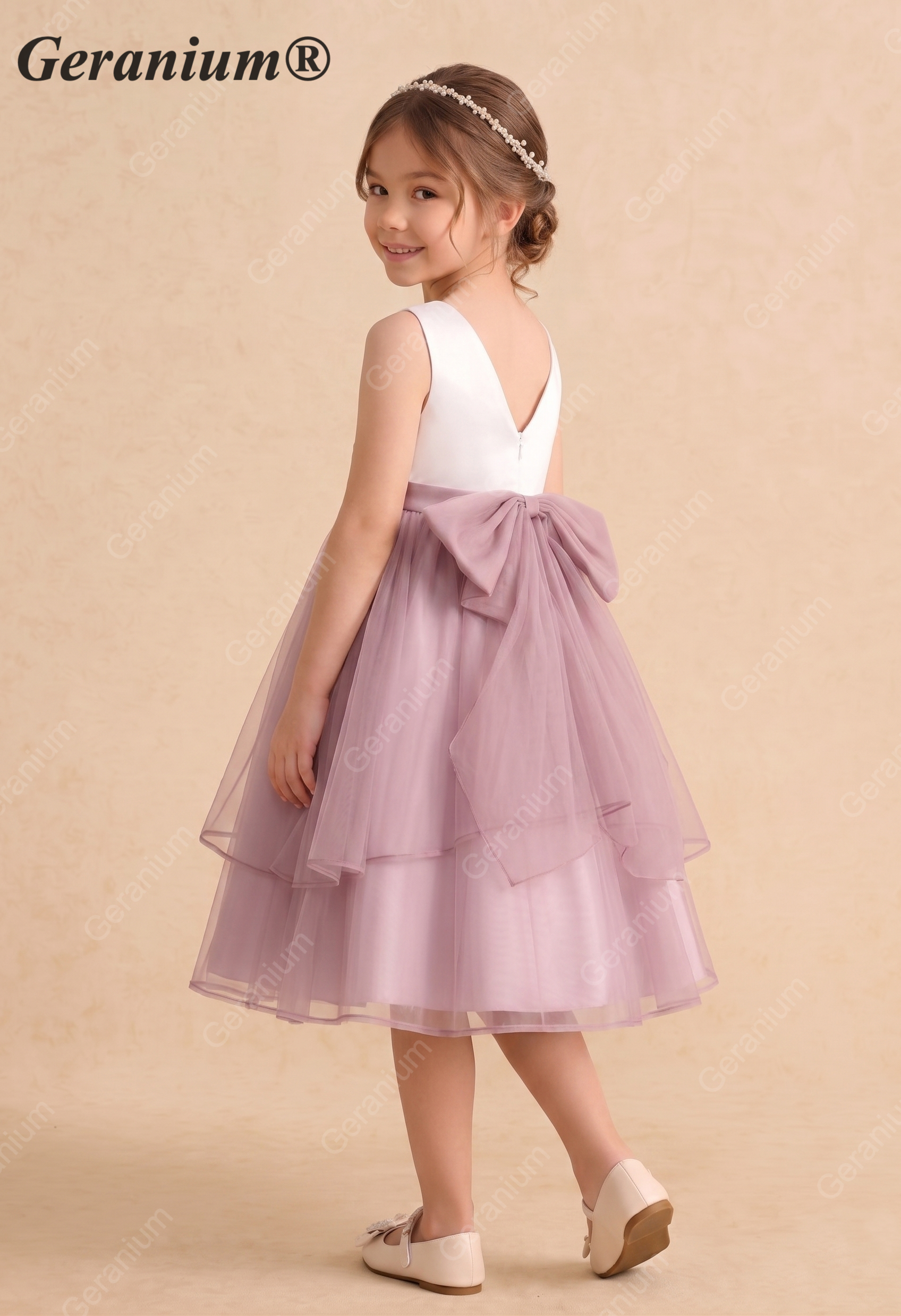 Geranium Two-Tone Satin & Tulle Flower Girl Dress with Detachable Bow – KD-240 Secondary image