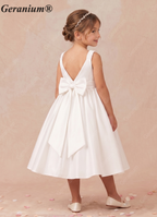 Geranium Elegant Lustrous Satin Flower Girl Dress - Pleated Bodice & Oversized Back Bow A-Line Gown KD-286