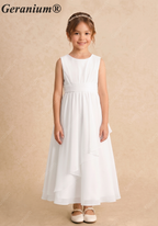 Geranium Elegant White Chiffon Flower Girl Dress / Bridesmaid Dress - Ruched Sash A-Line Cascading Ruffle Skirt - for Wedding, Communion, Party KD-228