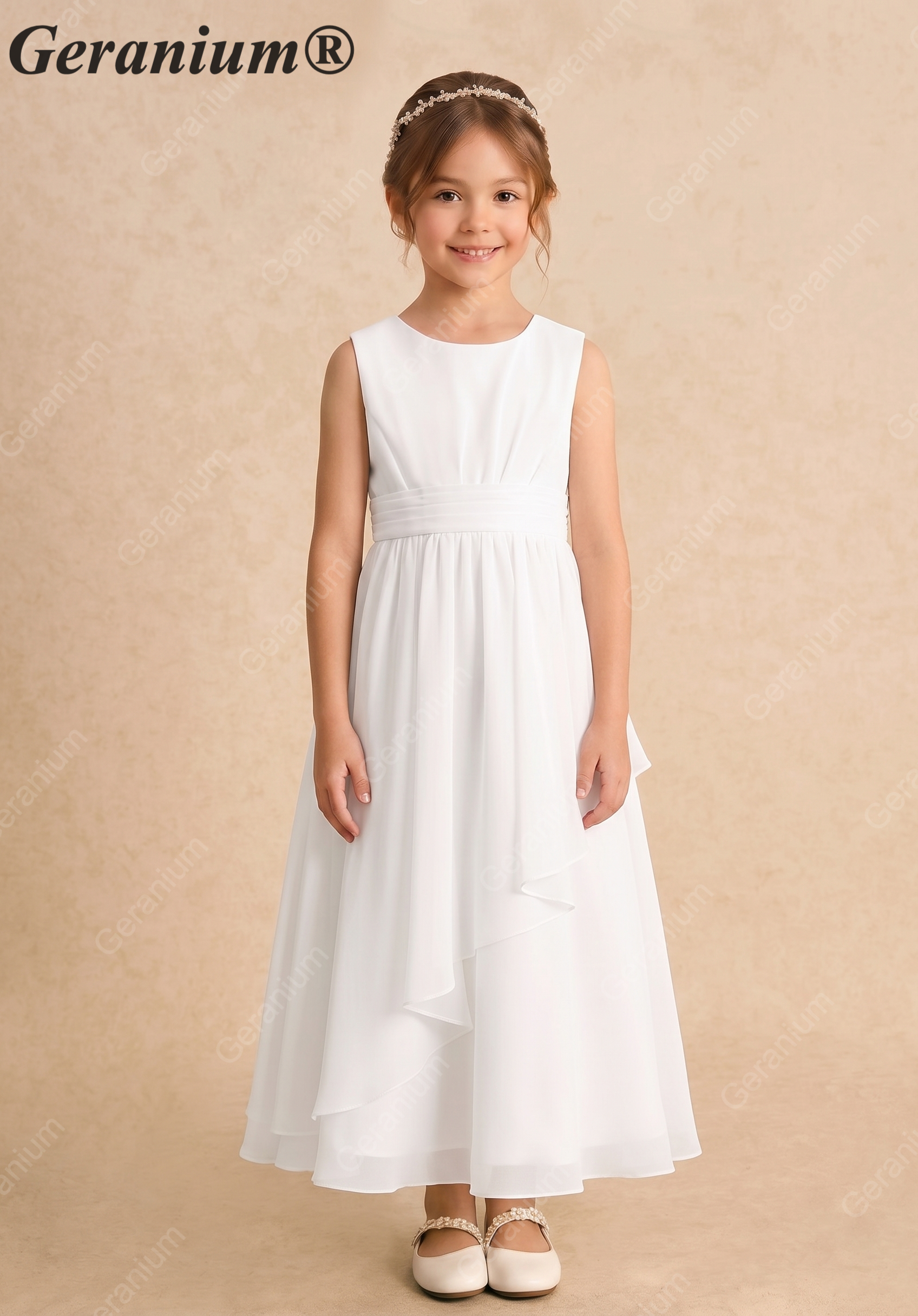 Geranium Elegant White Chiffon Flower Girl Dress / Bridesmaid Dress - Ruched Sash A-Line Cascading Ruffle Skirt - for Wedding, Communion, Party KD-228