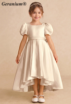 Geranium Satin Puff Sleeve Flower Girl Dress - High-Low First Communion Gown with Oversized Bow Back KD-249