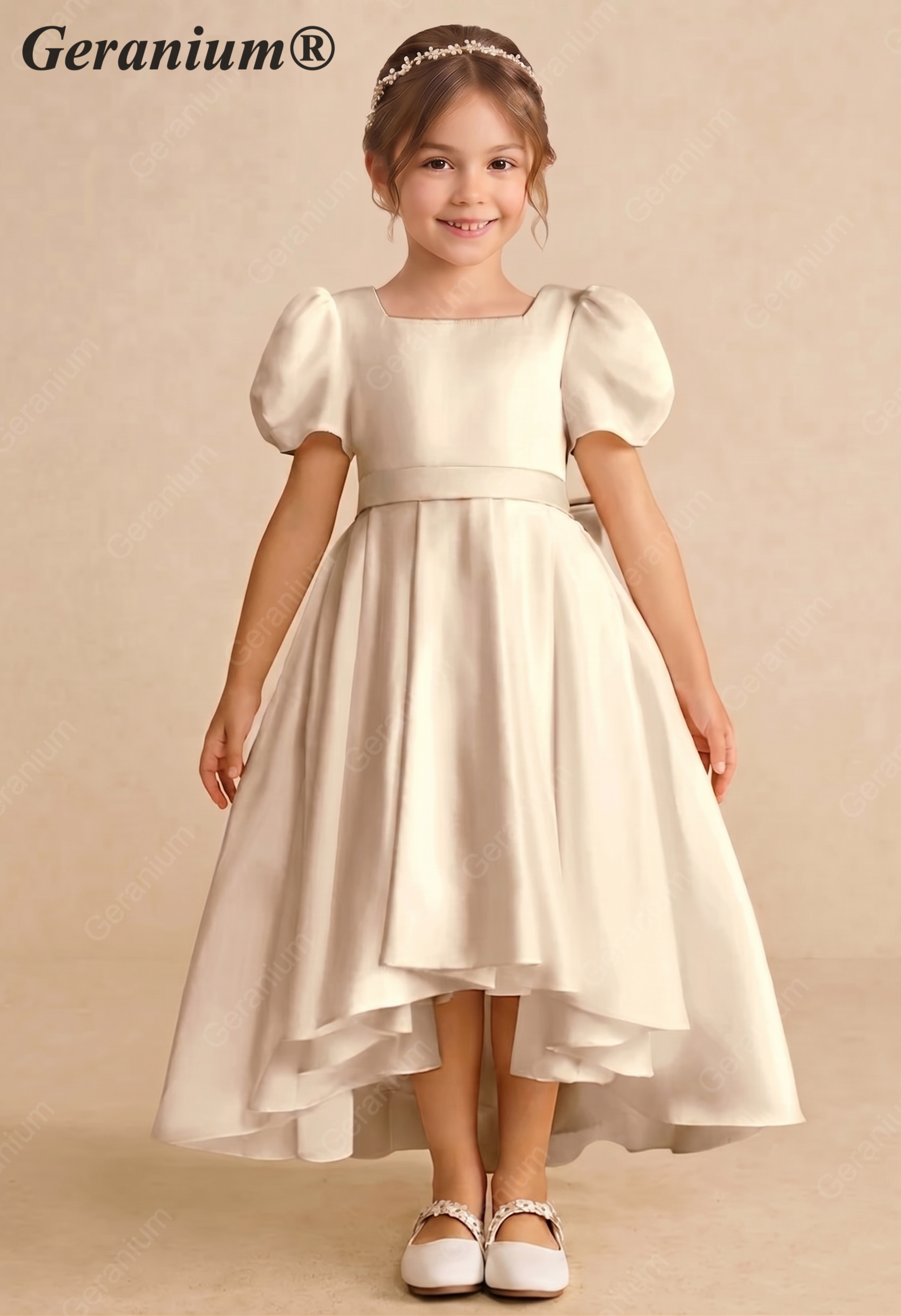 Geranium Satin Puff Sleeve Flower Girl Dress - High-Low First Communion Gown with Oversized Bow Back KD-249