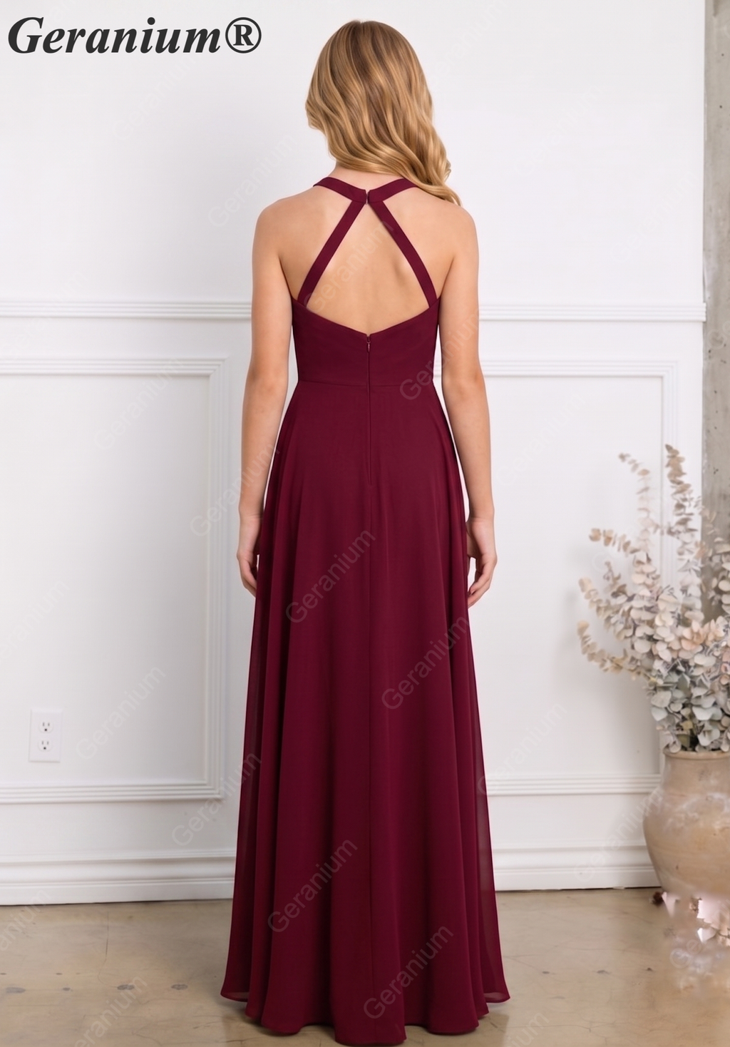 Geranium Elegant Halter Chiffon Junior Bridesmaid Dress with High Slit KD-305