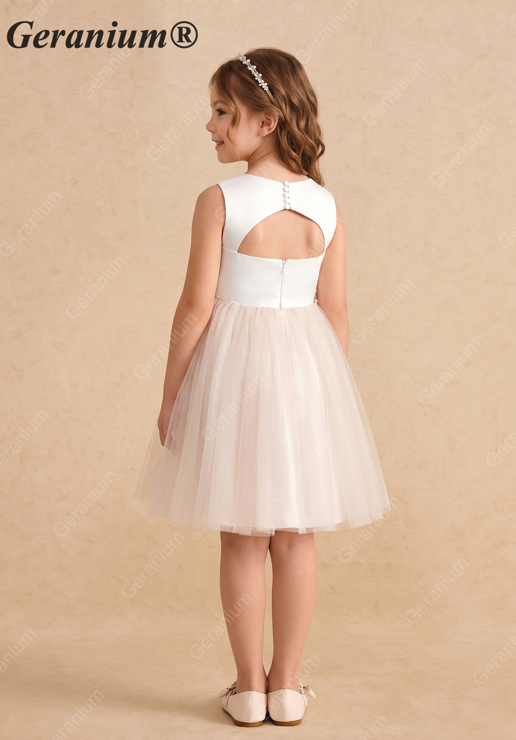 Geranium Elegant Satin and Tulle Flower Girl Dress with 3D Floral Waistband - Open Back KD-259