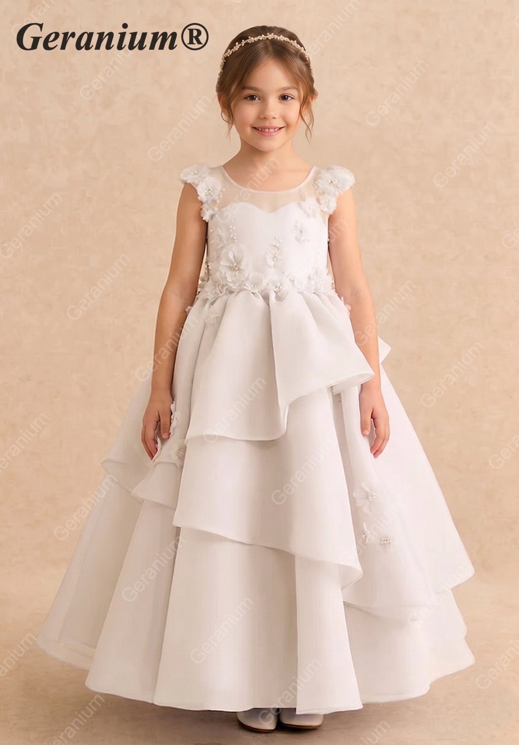 Geranium Luxury 3D Floral Applique Asymmetric Layered Flower Girl Dress with Oversized Back Bow KD-245