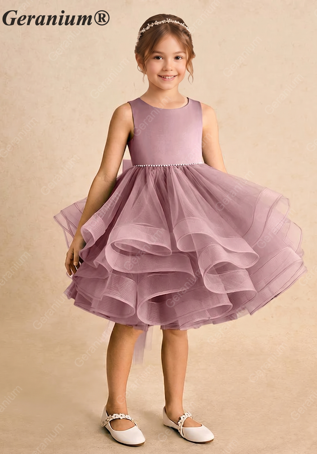 Garanium Girls Dusty Rose Multi-Tiered Tulle Party Dress - Luxury Pearl Waistband & Detachable Bow Train Flower Girl Gown KD-287
