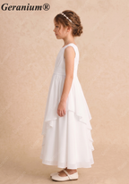 Geranium Elegant White Chiffon Flower Girl Dress / Bridesmaid Dress - Ruched Sash A-Line Cascading Ruffle Skirt - for Wedding, Communion, Party KD-228