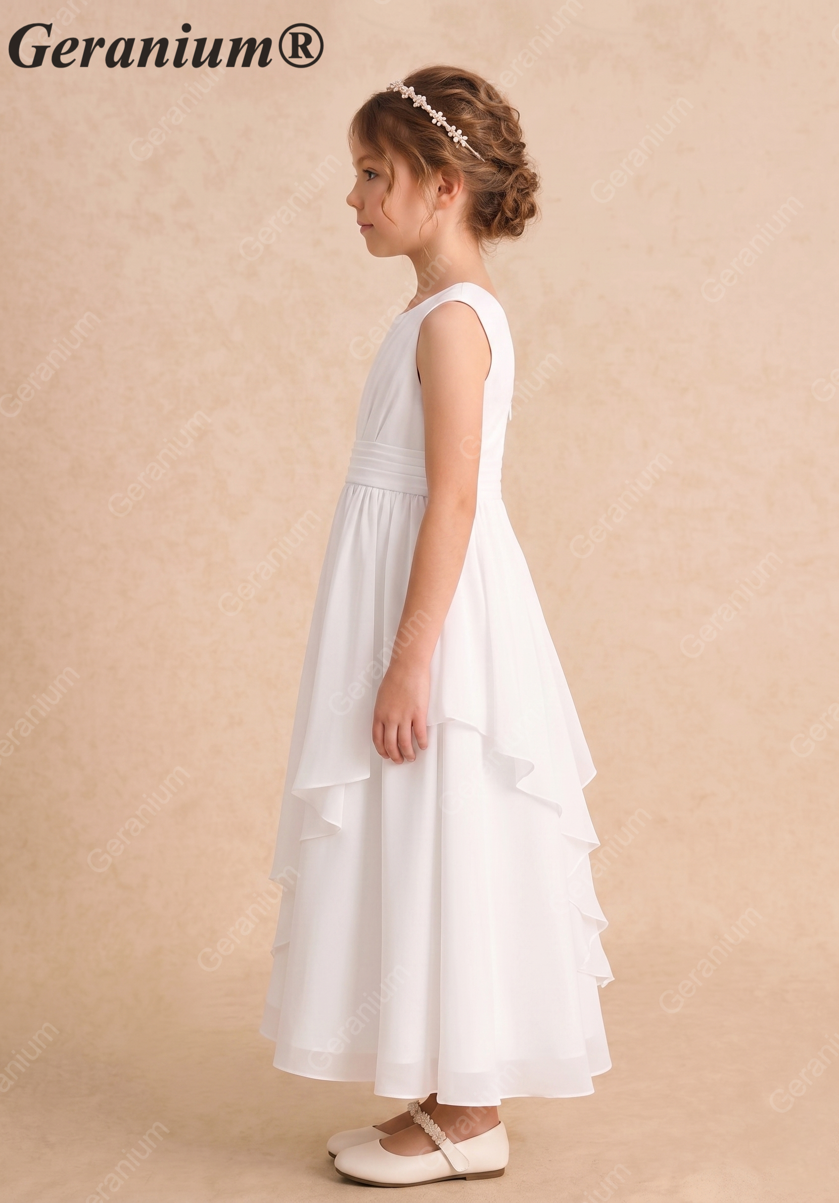 Geranium Elegant White Chiffon Flower Girl Dress / Bridesmaid Dress - Ruched Sash A-Line Cascading Ruffle Skirt - for Wedding, Communion, Party KD-228