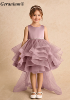 Garanium Girls Dusty Rose Multi-Tiered Tulle Party Dress - Luxury Pearl Waistband & Detachable Bow Train Flower Girl Gown KD-287